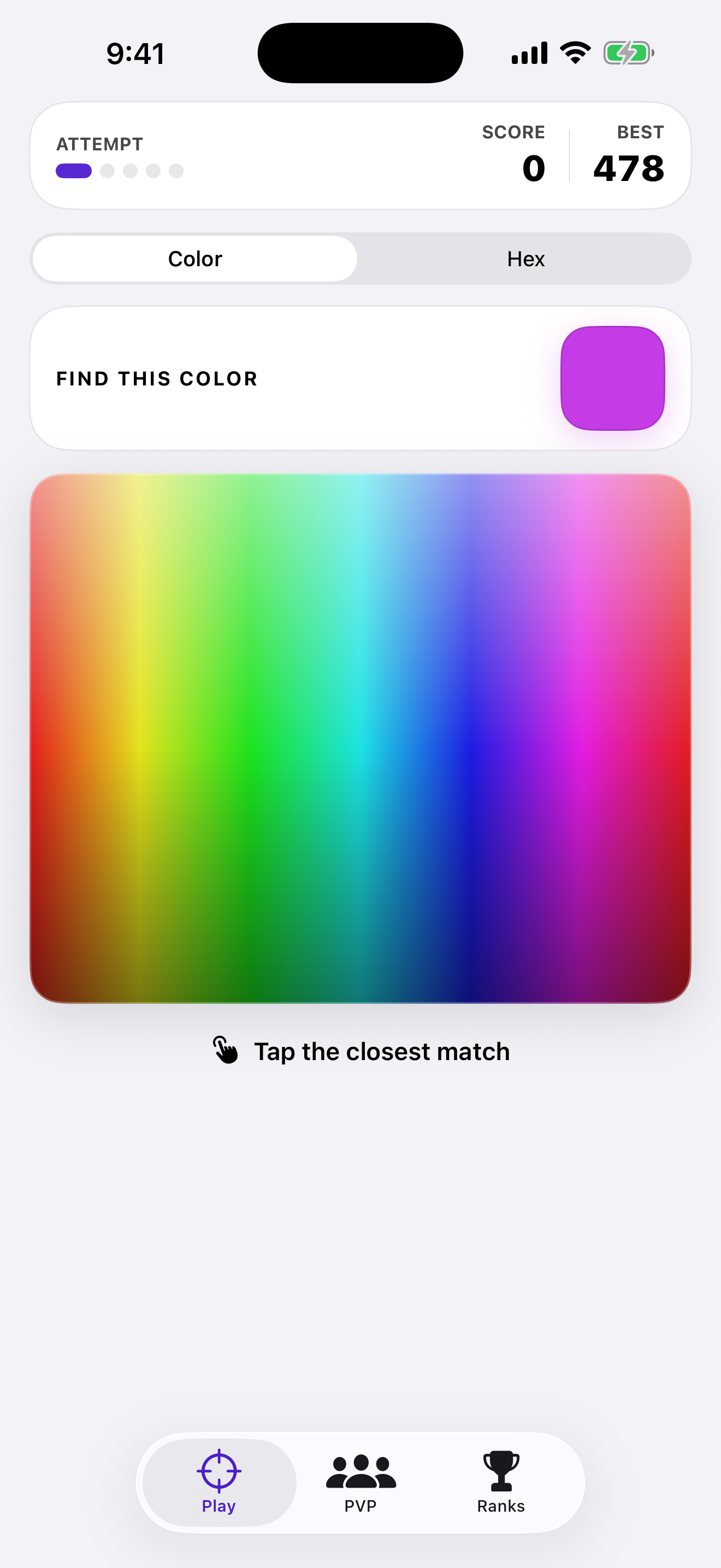 Pin the Hex gameplay: find a purple target color on the rainbow board